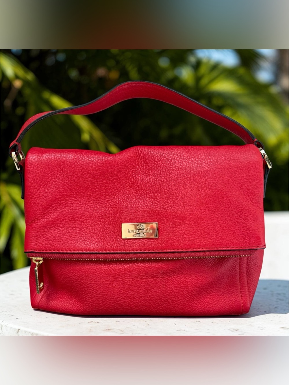 Kate Spade New York Red Pebbled Leather Shoulder Bag Hobo Purse Gold Hardware
